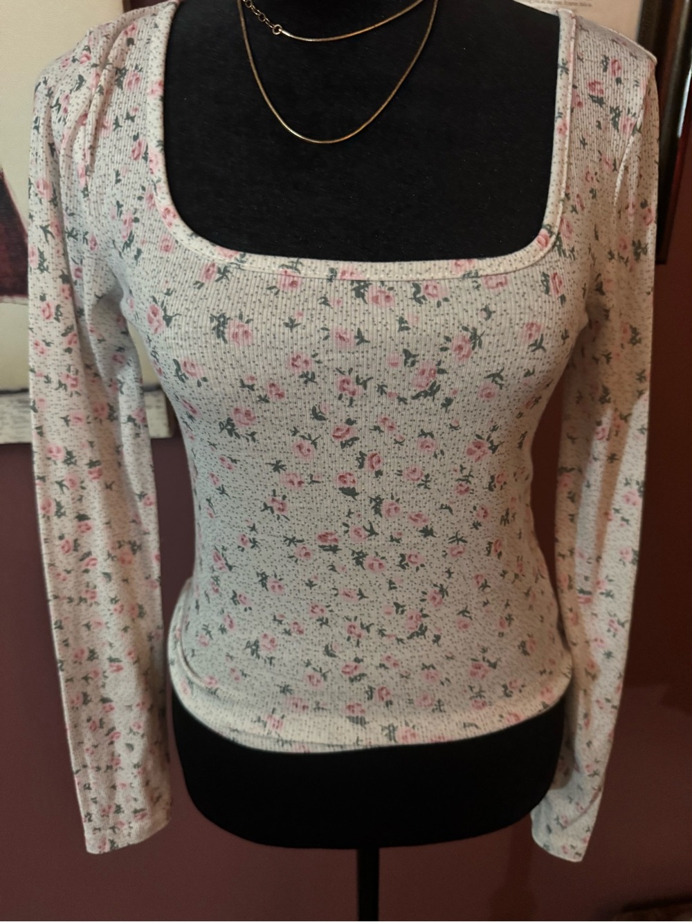 SHEIN Cream Long Sleeve Square Neck Top with Pink Floral Print